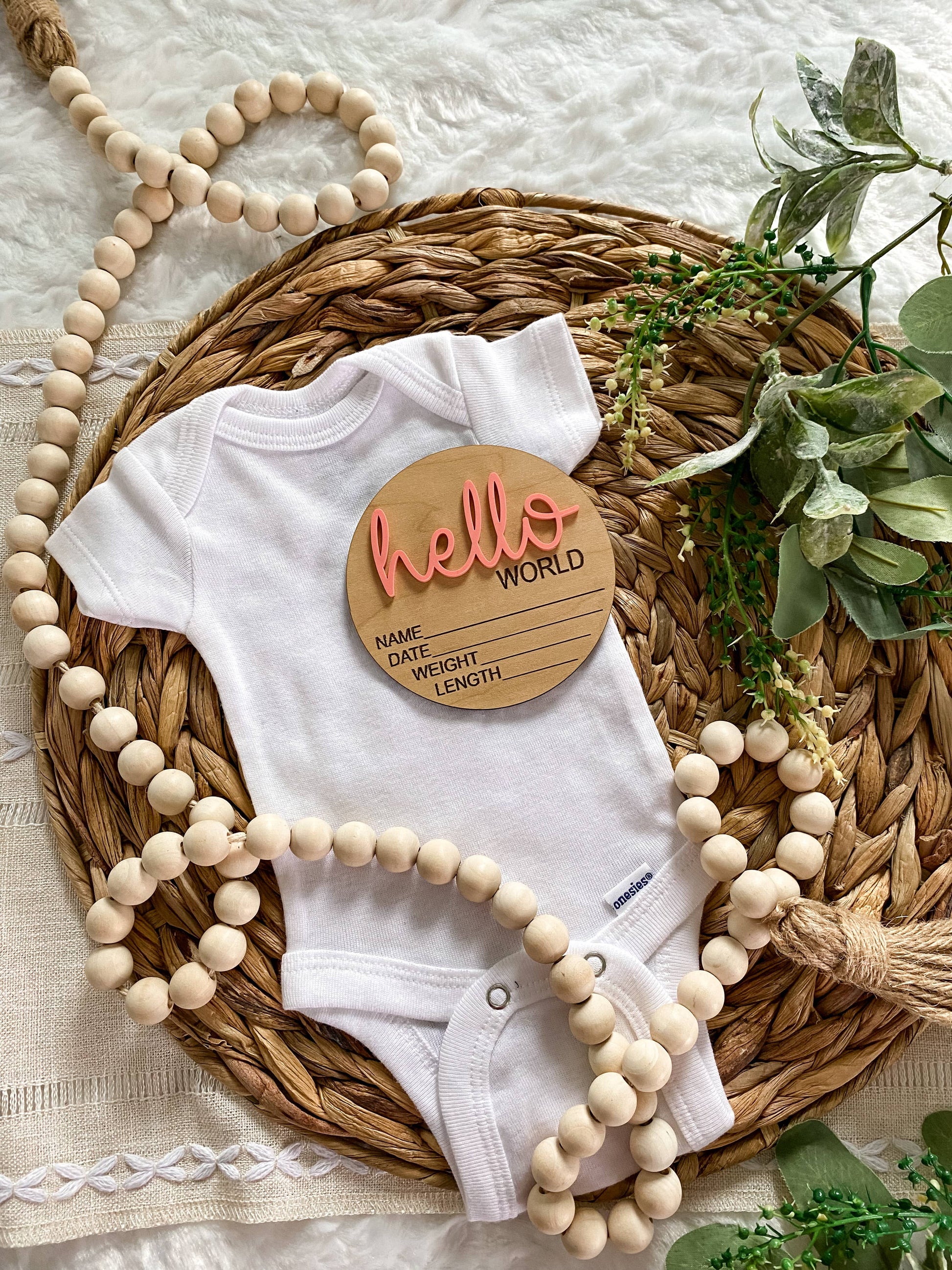 Hello World Birth Stat Announcement Wood Disc - Layered 3D