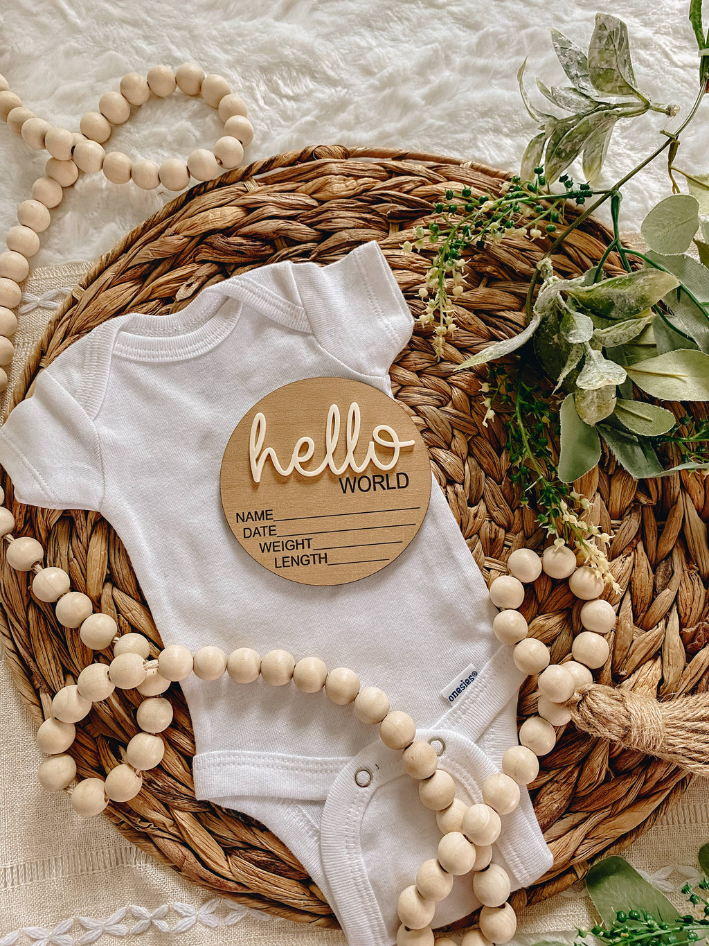 Hello World Birth Stat Announcement Wood Disc - Layered 3D